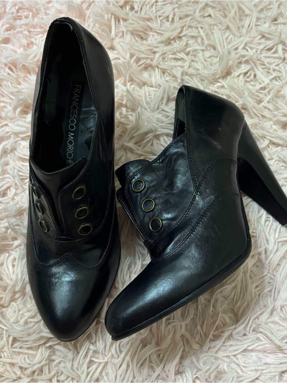 Black Leather High Heel Ankle Shoes